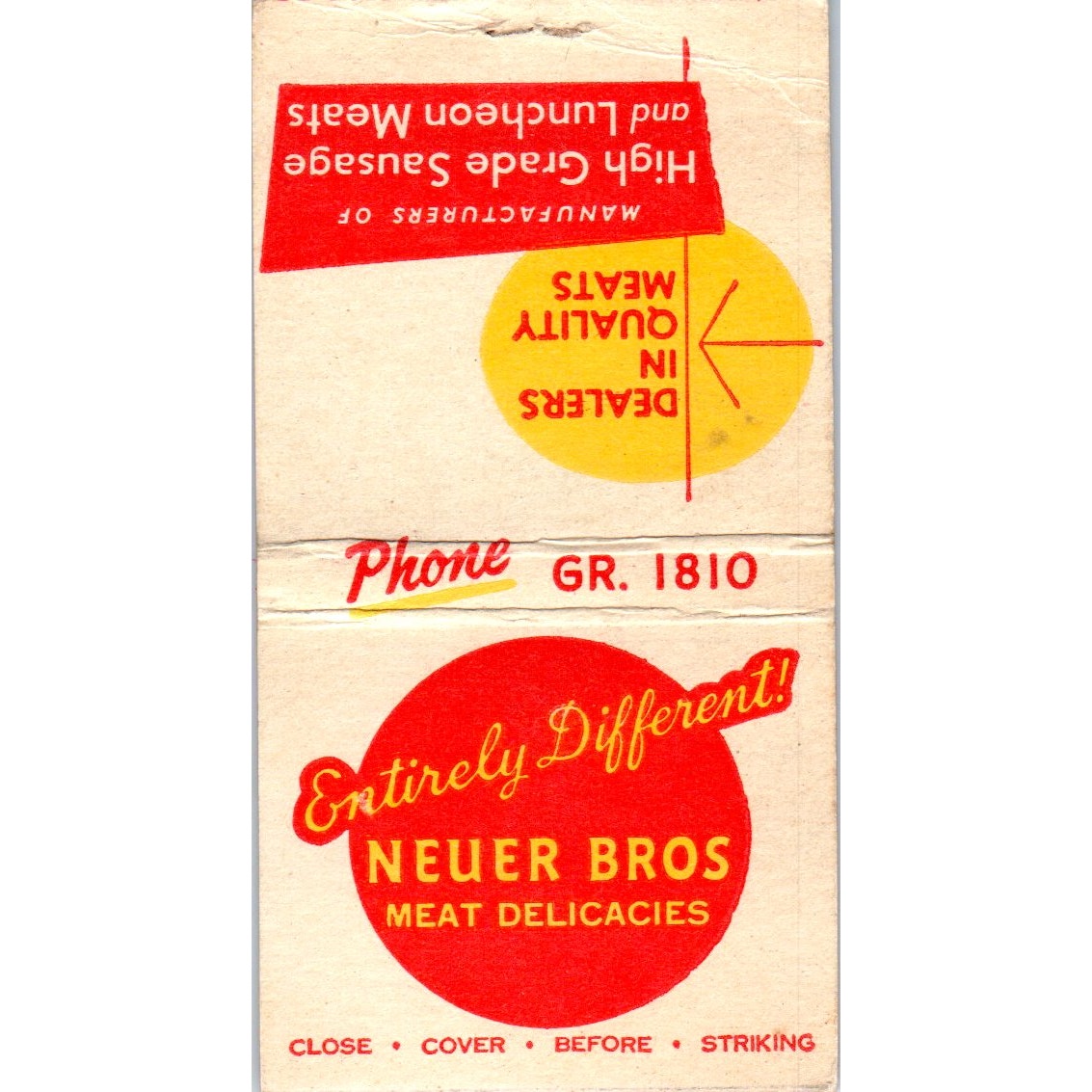 The Neuer Bros Meat Delicacies Kansas City MO Advertising Matchbook Cover MM9-5