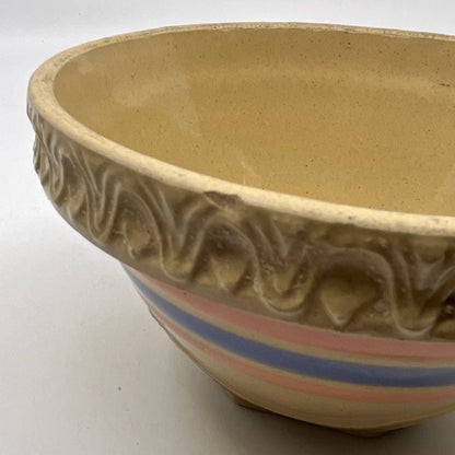 Vintage McCoy Yellow Ware Blue Pink Striped Mixing Bowl 6” Pie Crust Rim TH5