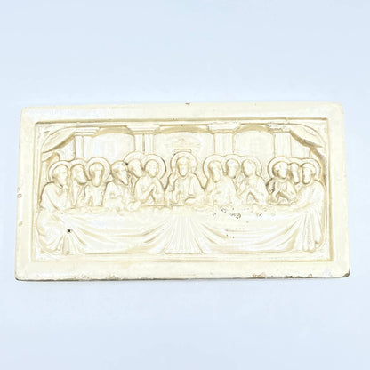 Vintage Pearlescent Jesus Last Supper Chalkware Relief Wall Art 3x6 TG4