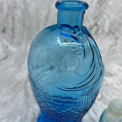 Dr Fisch's Bitters Aqua Large & Small Blue Bottle Decanter 7.5” & 3” Taiwan TD1