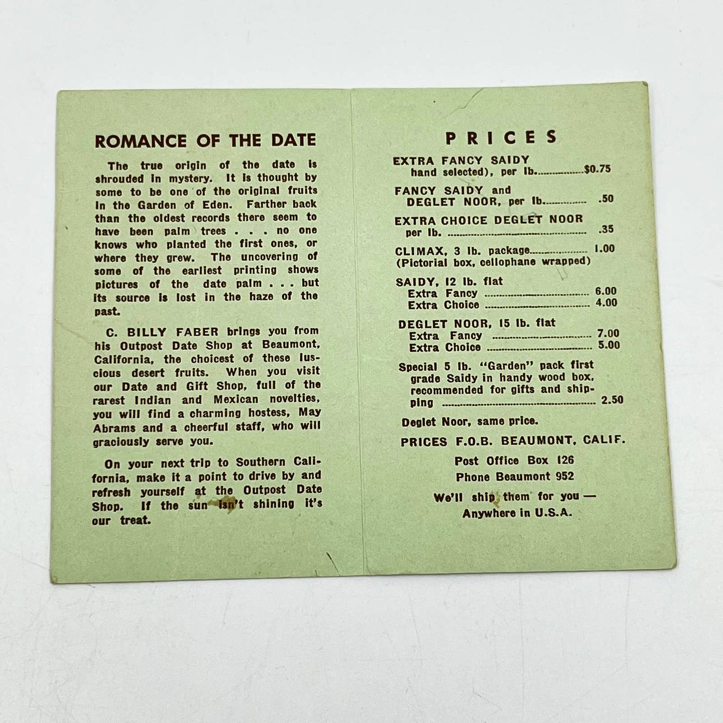 1920s C. Billy Faber Date Shop Price List Beaumont CA D5