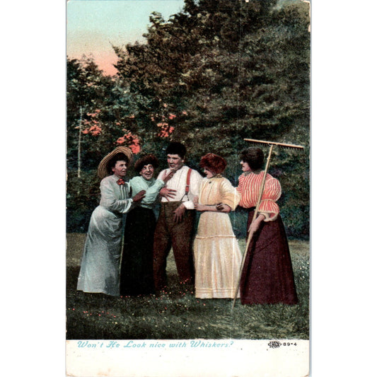 Won't He Look Nice With Whiskers 1908 Victorian Tinted Original Postcard P2-8