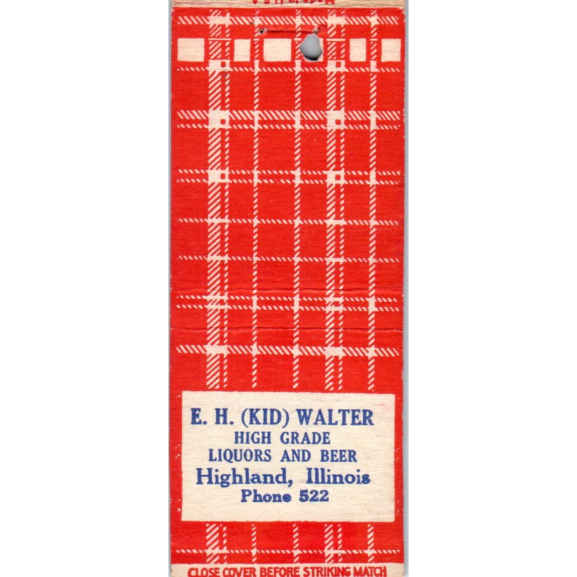 E.H. Kid Walter Highland IL Advertising Matchbook Cover MM9-10