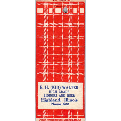 E.H. Kid Walter Highland IL Advertising Matchbook Cover MM9-10