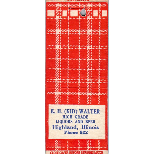E.H. Kid Walter Highland IL Advertising Matchbook Cover MM9-10
