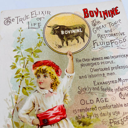 1885 Victorian Trade Card Bovinine The True Elixir of Life Quack Medicine AA3