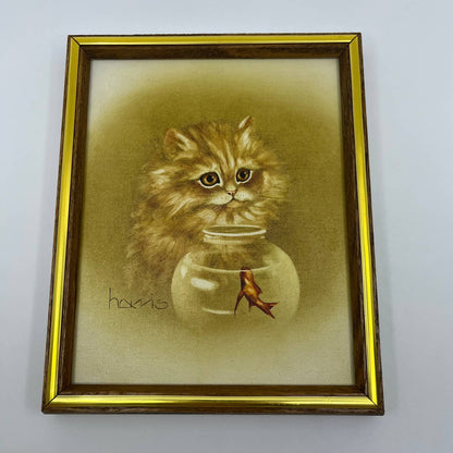 1985 Original Framed Peggy Harris Painting on Canvas Cat and Fish Bowl TG1