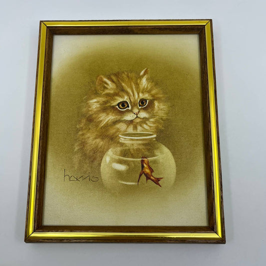 1985 Original Framed Peggy Harris Painting on Canvas Cat and Fish Bowl TG1