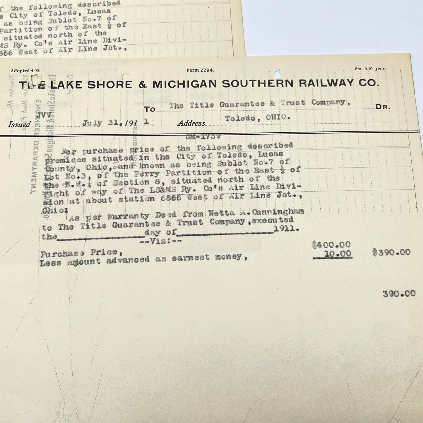 1912 The Lake Shore & Michigan Southern Railway Co. Letterhead Memo Lot 2 AB1