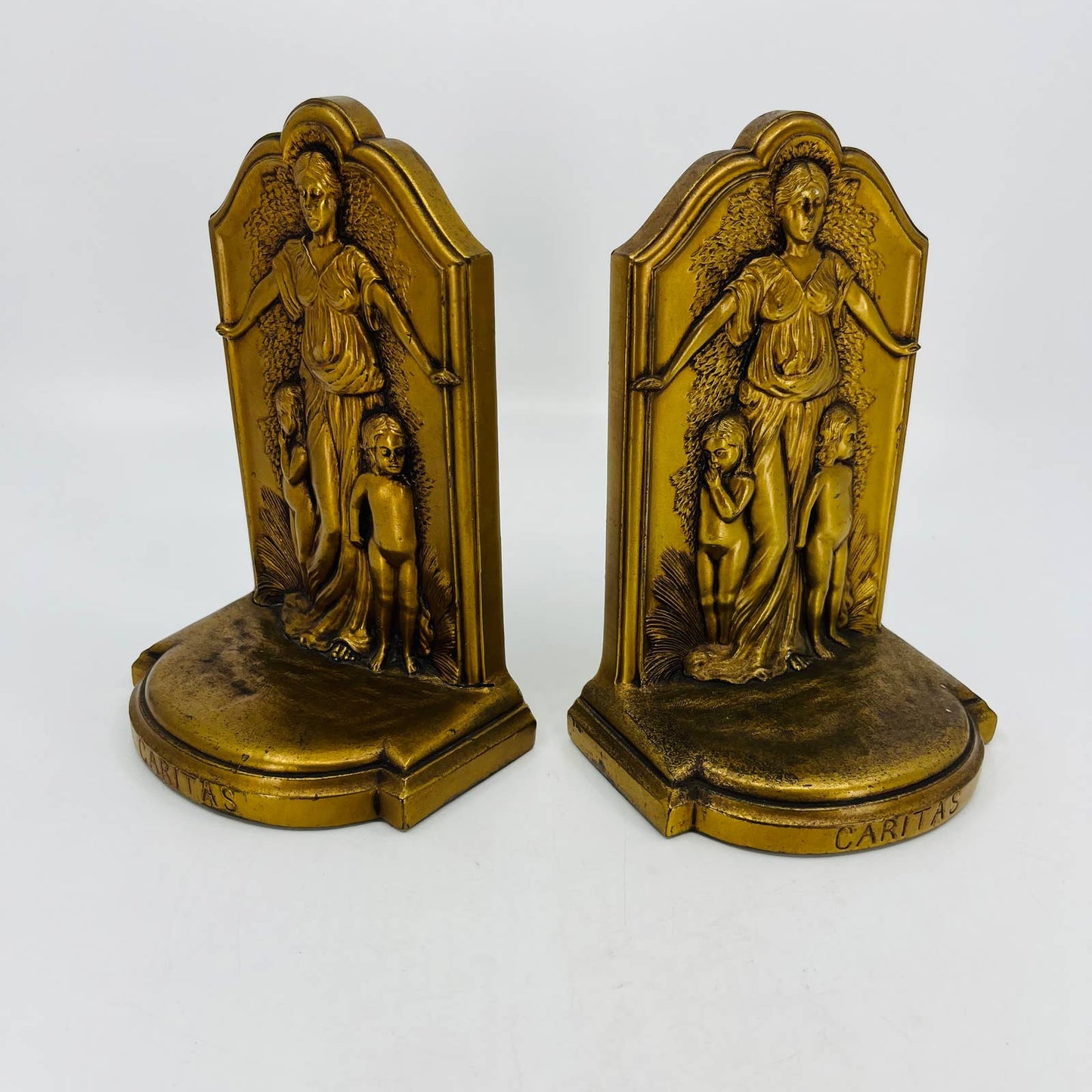 1920s Jennings Brothers Caritas Charity Bronze Finish Bookends Woman 6” TB9