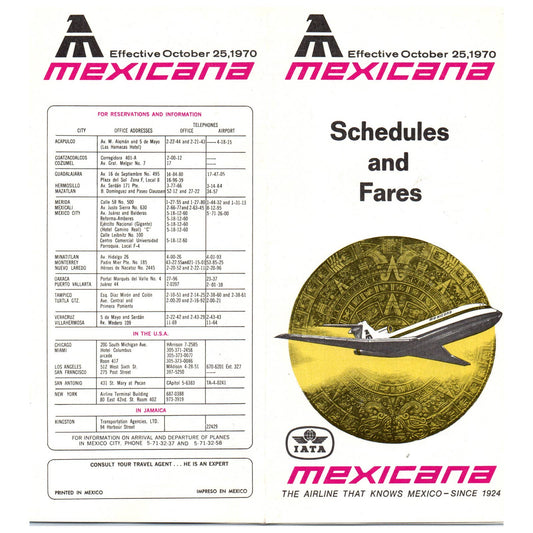 1970 Mexicana Airline Schedules and Fares Timetable Fold Out Brochure SE4