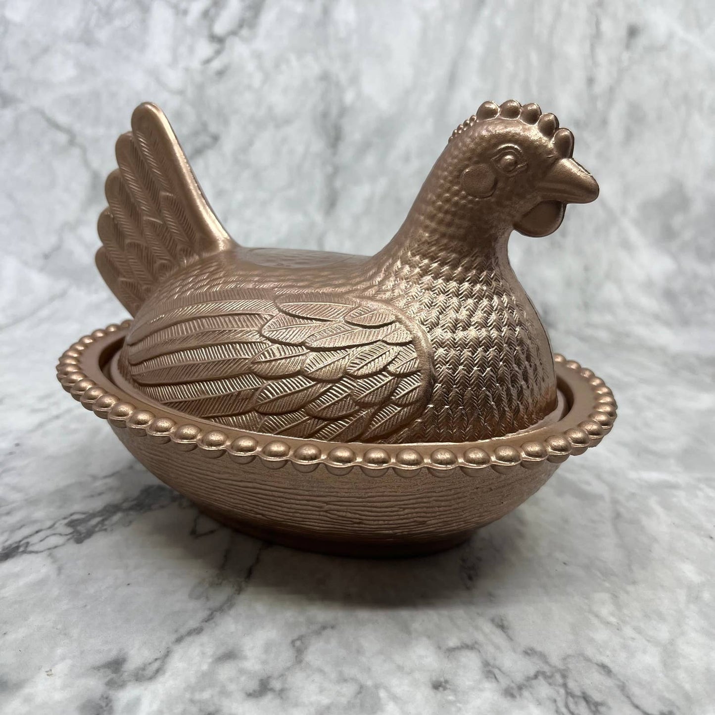 Vintage Rose Gold Glass Nesting Hen On Nest Candy Dish 5x7” TJ8