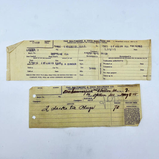 1915 B&O Railroad RR Letterhead Waybill Receipt Lot of 2 AB1