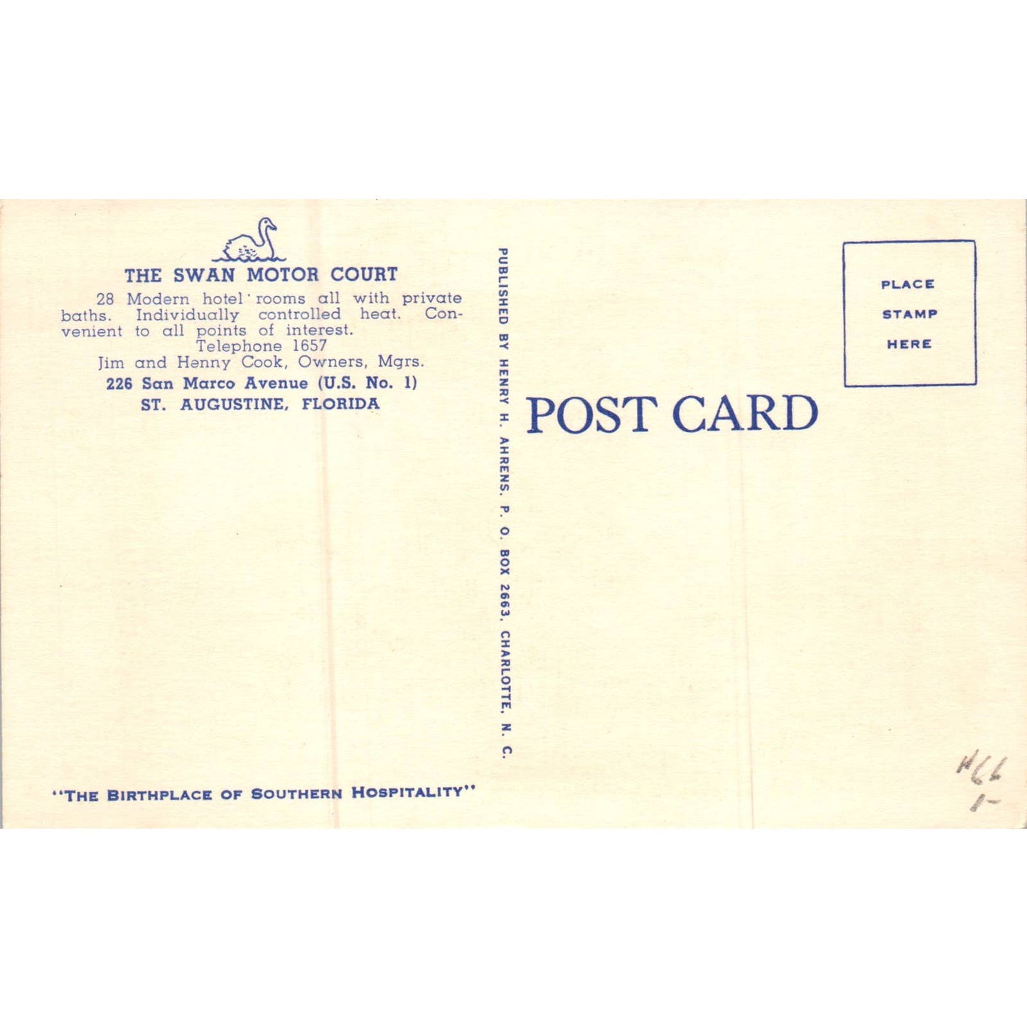 The Swan Motor Court Jim & Henny Cook St. Augustine FL Original Postcard TK1-P19