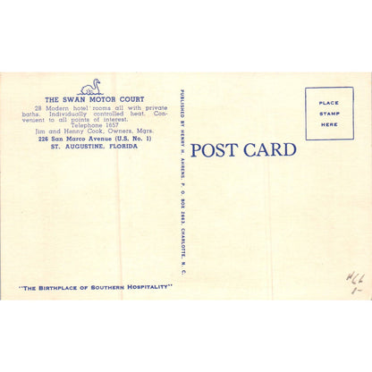 The Swan Motor Court Jim & Henny Cook St. Augustine FL Original Postcard TK1-P19