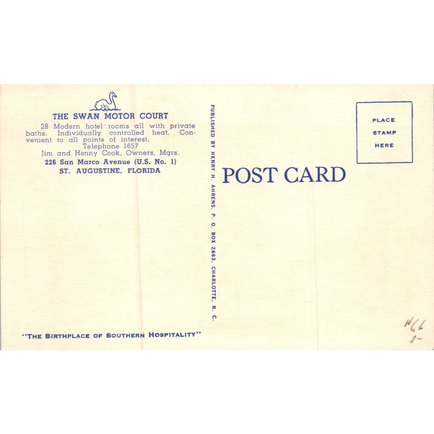 The Swan Motor Court Jim & Henny Cook St. Augustine FL Original Postcard P2-4