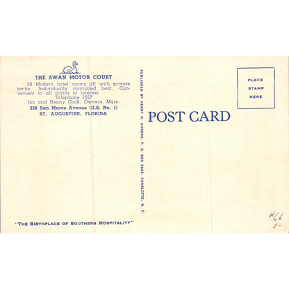 The Swan Motor Court Jim & Henny Cook St. Augustine FL Original Postcard P2-4