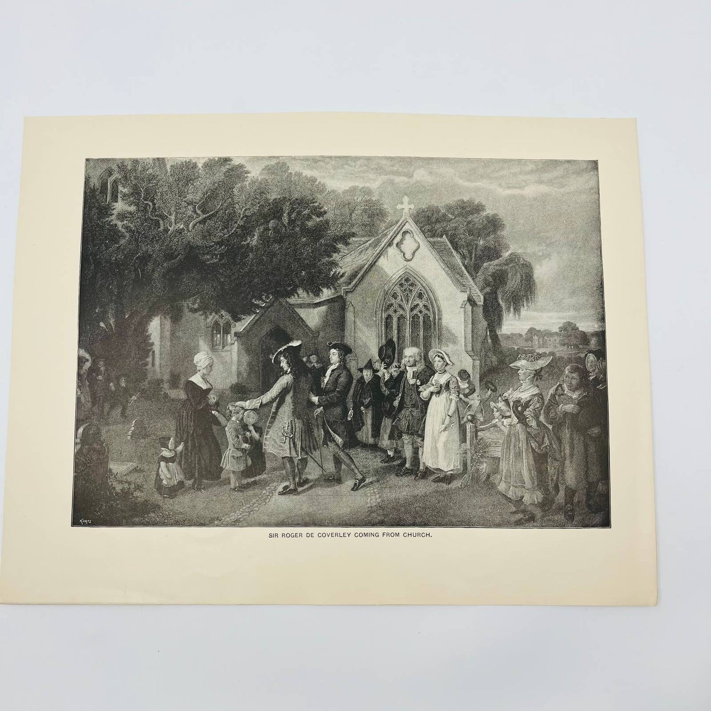 1880s Victorian Art Print Engraving SIR ROGER DE COVERLEY COMING FROM CHURCH