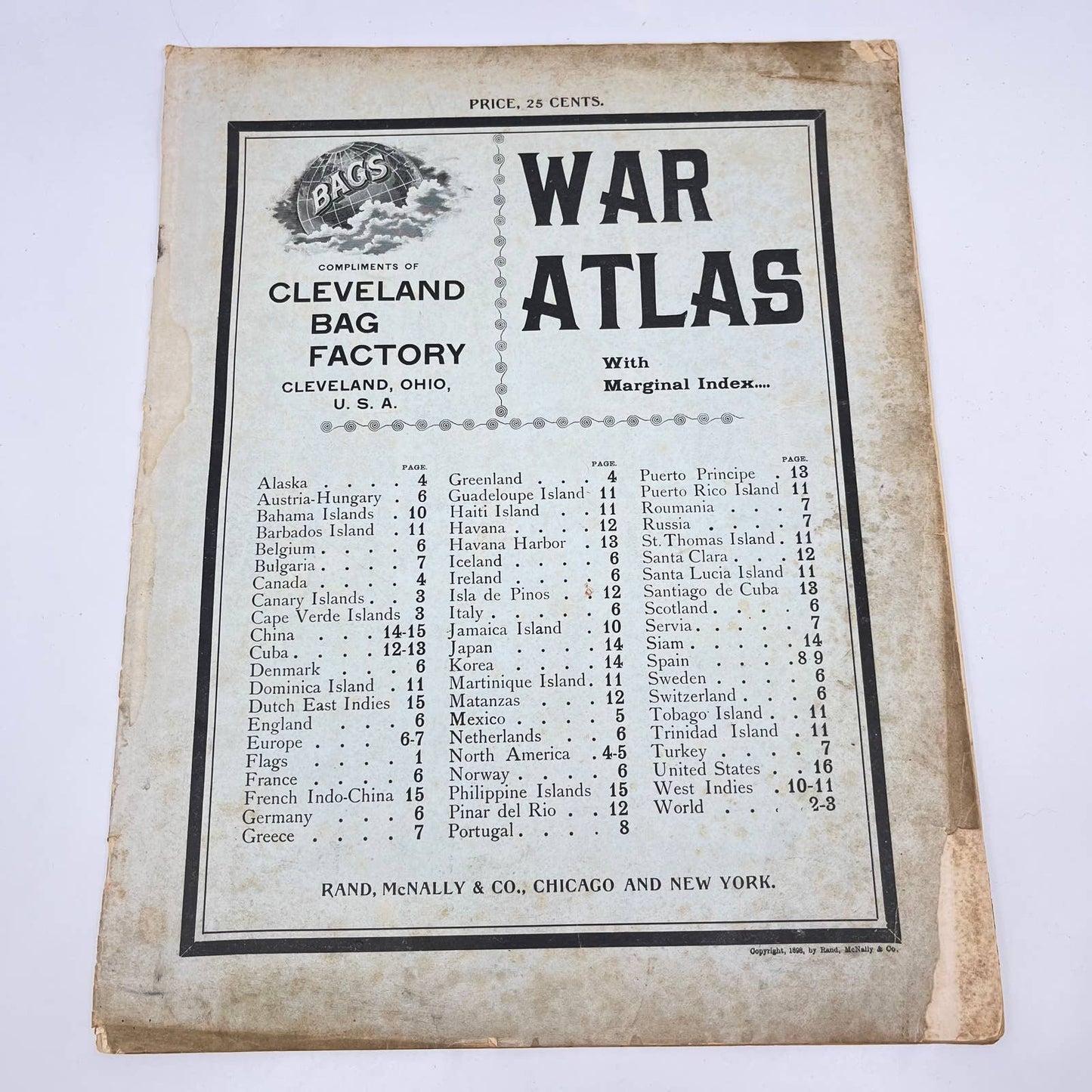 Rare 1898 Rand Mcnally War Atlas Spanish American War Cleveland Bag Factory FL3