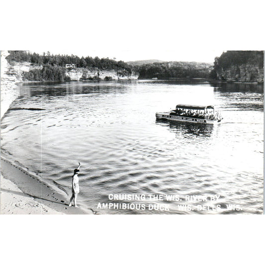 Vtg RPPC Postcard Cruising the Wisconsin River by Amphibious Duck WI Dells SE5