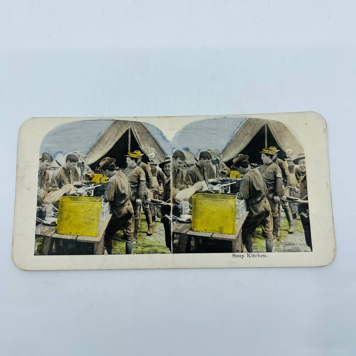 1898 Stereoview Card Tinted Spanish-American War US Army Soldiers Soup Kitchen