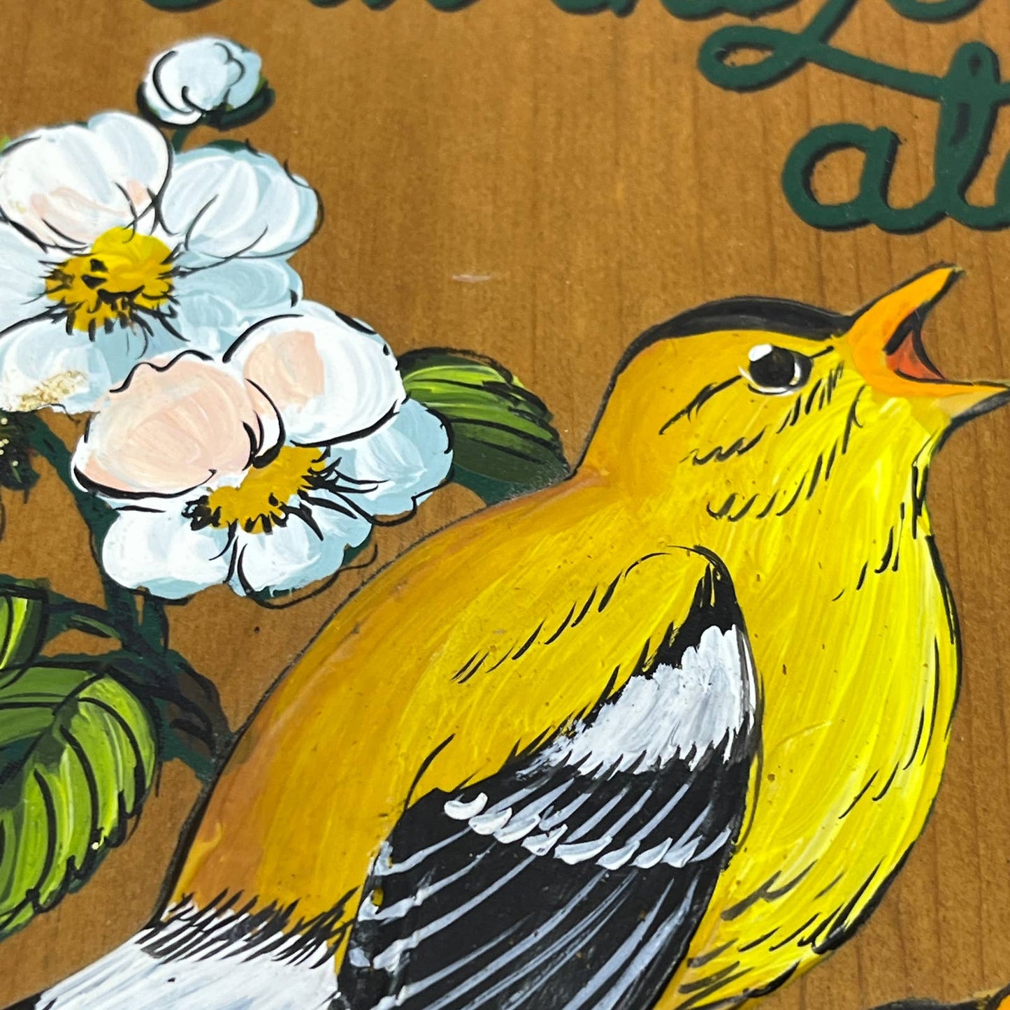 Original Art Hand Painted Wood Rejoice in the Lord Always Goldfinches 8x10” TI7