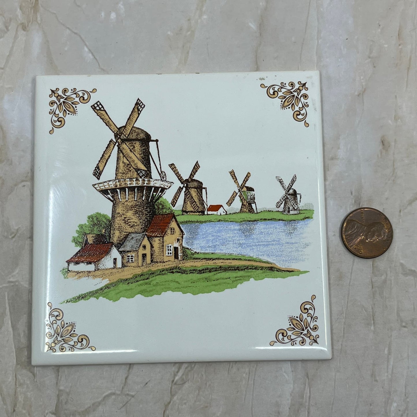 Villeroy And Boch 4" Tile Trivet Dutch Scene Windmills Made in France TE5-2