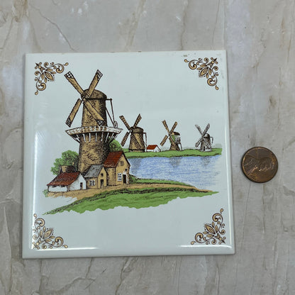 Villeroy And Boch 4" Tile Trivet Dutch Scene Windmills Made in France TE5-2