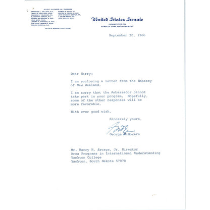 South Dakota Senator George McGovern Official Letterhead Signed Memo 1966 B12