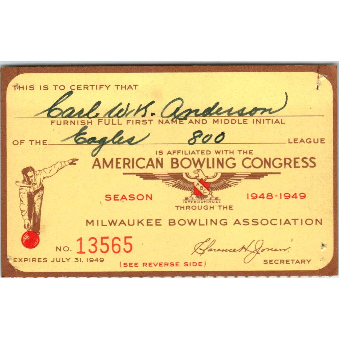 1948 American Bowling Congress Milwaukee Membership Card Eagles 800 SE5-18