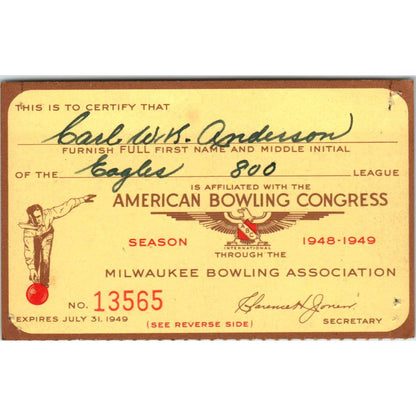 1948 American Bowling Congress Milwaukee Membership Card Eagles 800 SE5-18