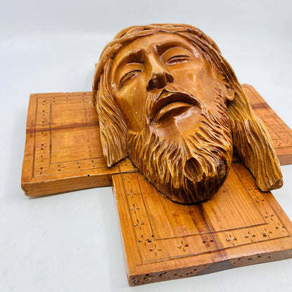 Amazing Hand Carved Jesus Face Cross Relief Wall Plaque Olive Wood 12x13x4