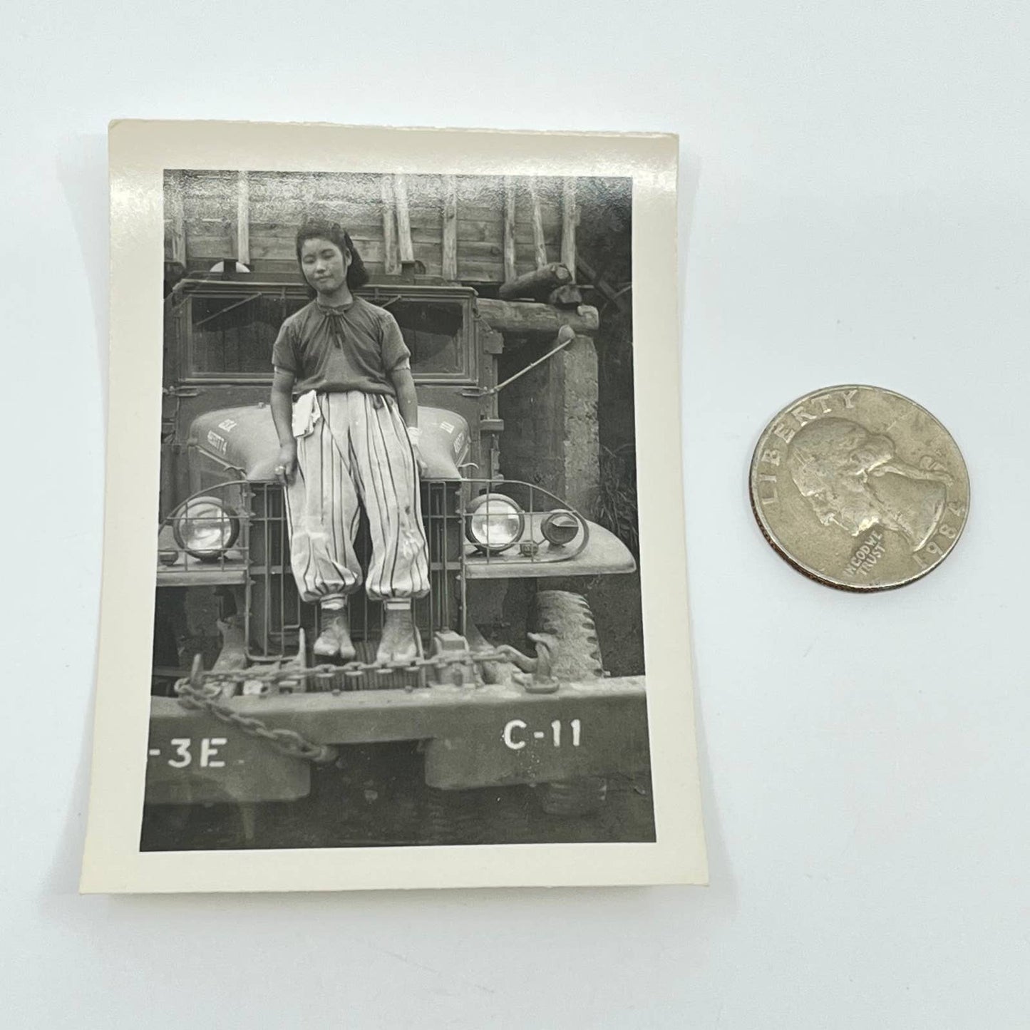 1940s WWII Japanese Woman Standing on Military Jeep Japan 2x3.5” SC5