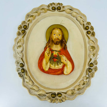 Vintage Immaculate Sacred Heart of Jesus Ornate Chalkware Wall Plaque 9x12 TC3