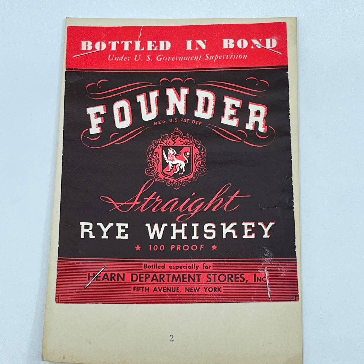 Founder Rye Whiskey Label Hearn Dept. Stores Fifth Ave New York NY