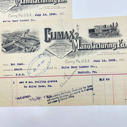 1906 Climax Manufacturing Co. Trainway Locomotive Letterhead Corry PA x2 AB2-1