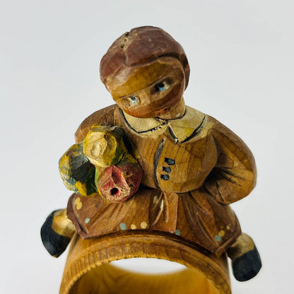 Vintage ANRI Carved Wooden Bobblehead Napkin Ring Girl w/ Bouquet SB4