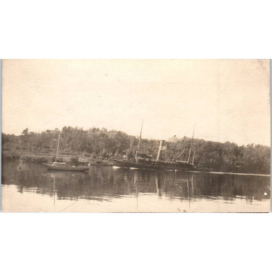 Antique Postcard RPPC Tugboat and Sailboat c1910 SE8