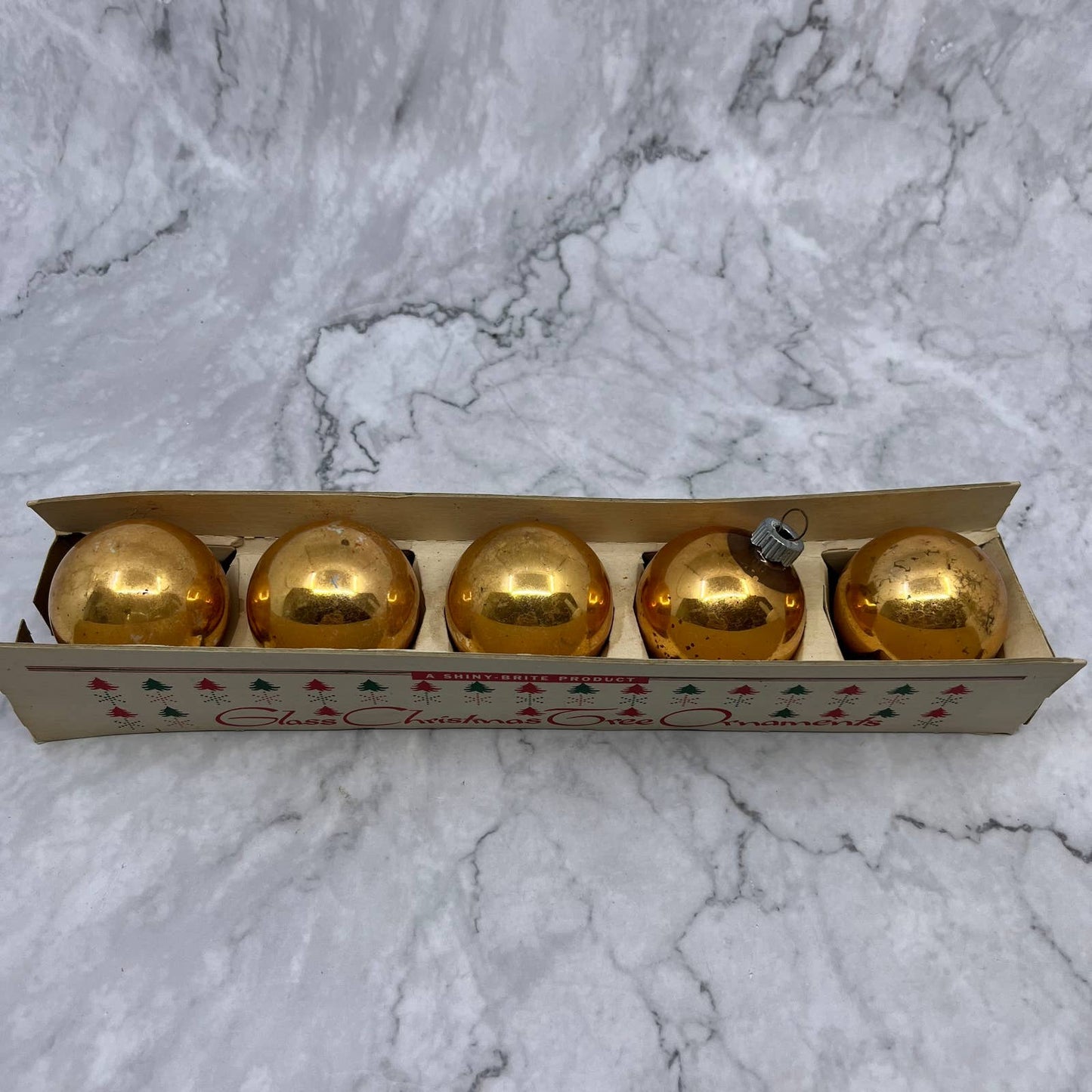 Shiny Brite Vintage Mercury Glass Christmas Ornaments Set of 5 in Box Gold 2"