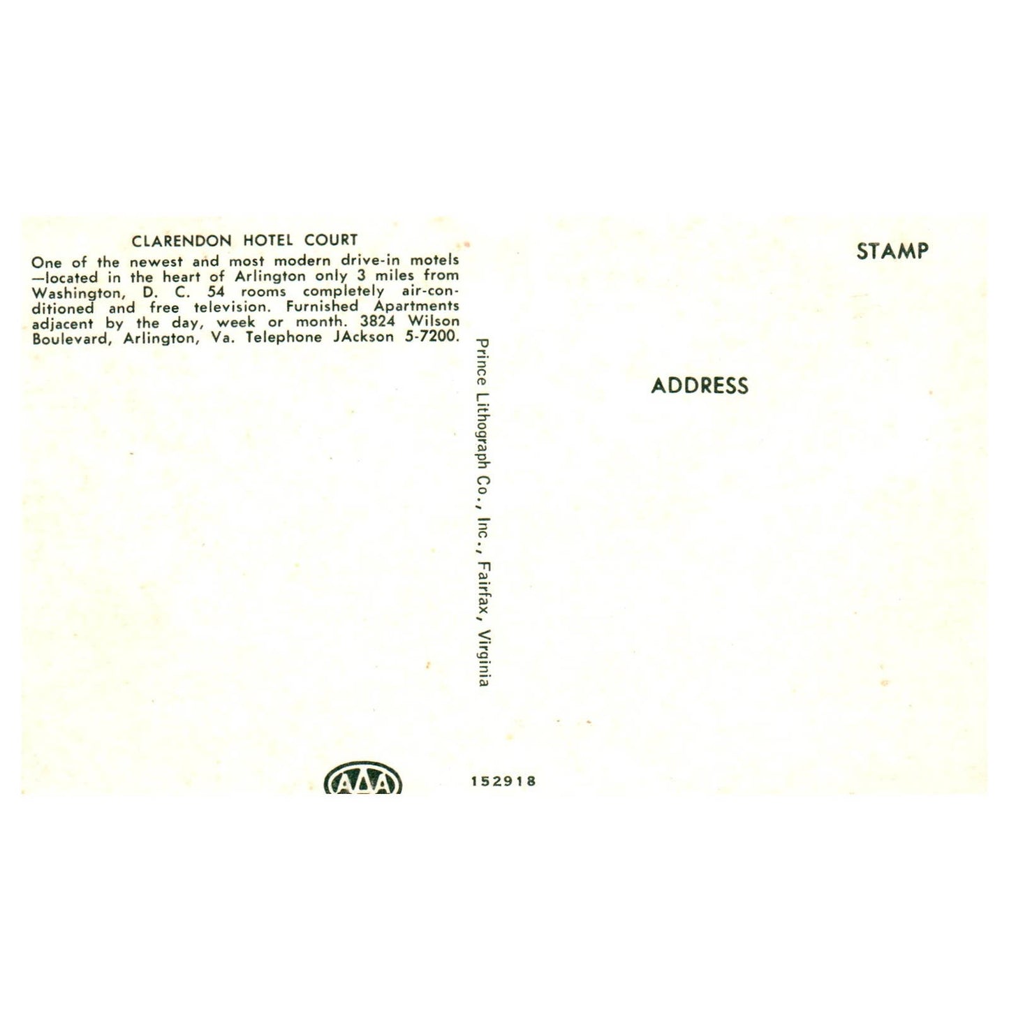 Vintage Postcard - Clarendon Hotel Court Arlington Virginia AD9
