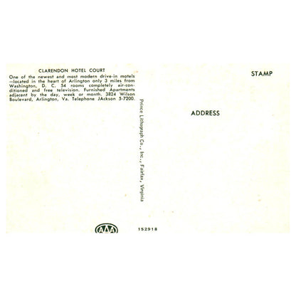 Vintage Postcard - Clarendon Hotel Court Arlington Virginia AD9