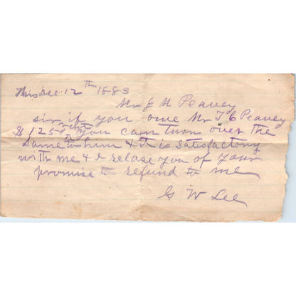 1883 Handwritten Note J.M. Peavy from W. Lee Butler County AL AD6