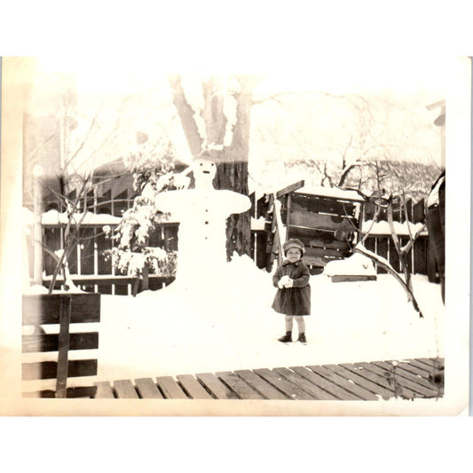 1940s Original Photograph Little Girl Posing Outside in Snow w/ Snowman 4x5 SE5