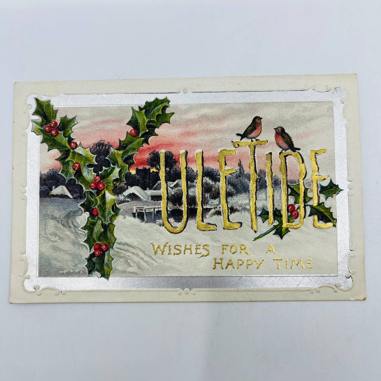 1910s Christmas Post Card Embossed Yuletide Holly Cottage Snow Sunset Robins PA4