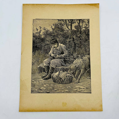 1880s Victorian Art Print Engraving Asian Man w Dog Eating from Picnic Basket C8