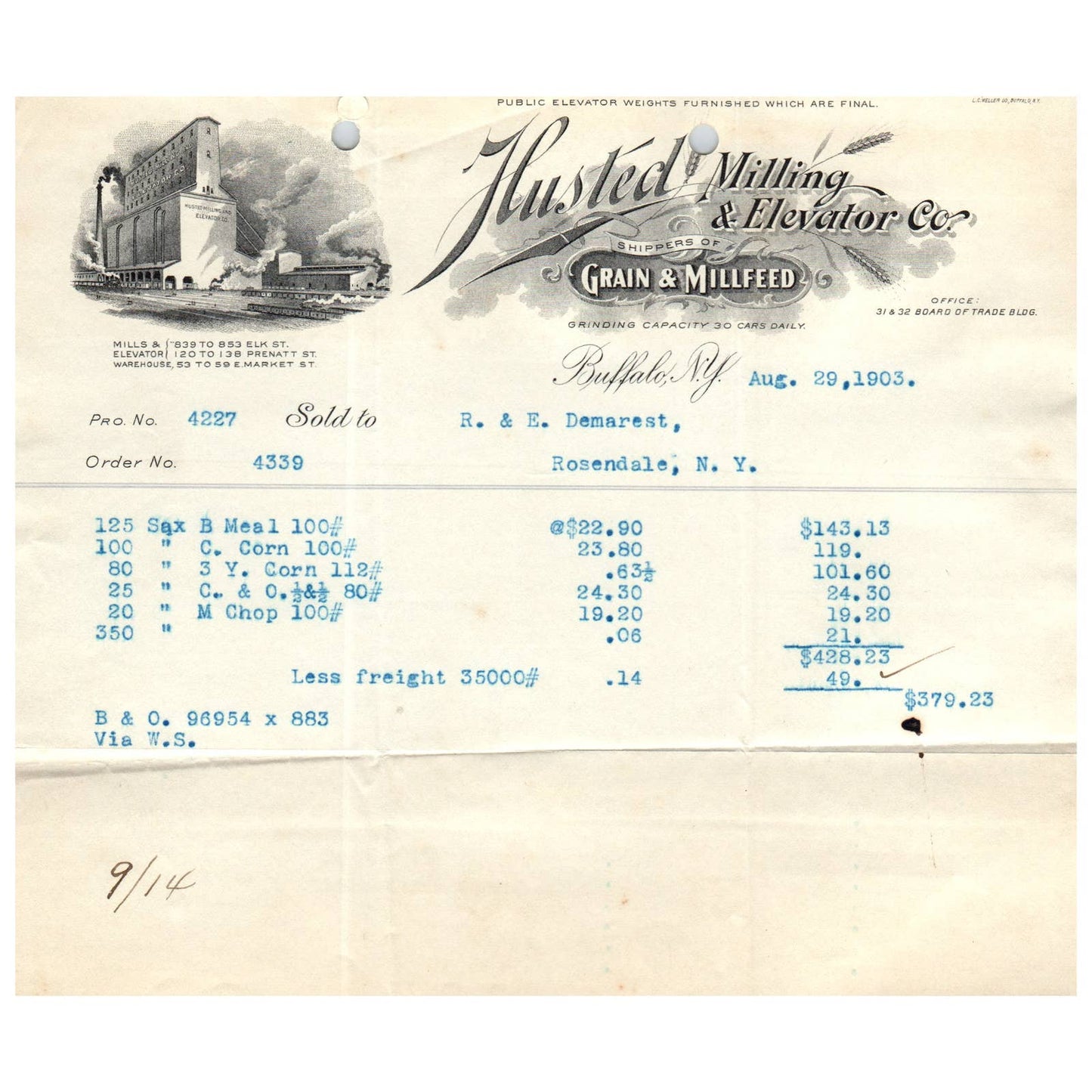 1903 Husted Milling & Elevator Co Letterhead Billhead Buffalo NY AC9