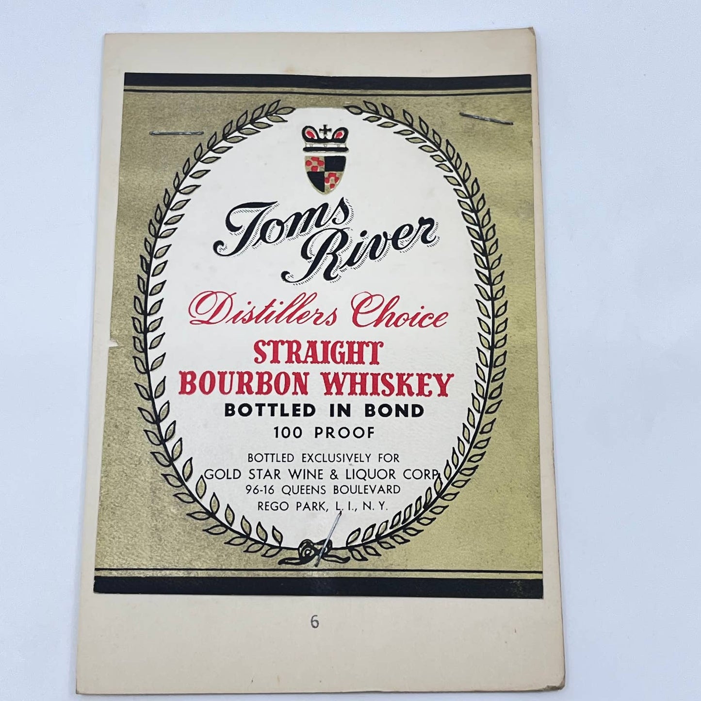 Toms River Bourbon Whiskey Label Small’s Liquor Store Rego Park Long Island NY