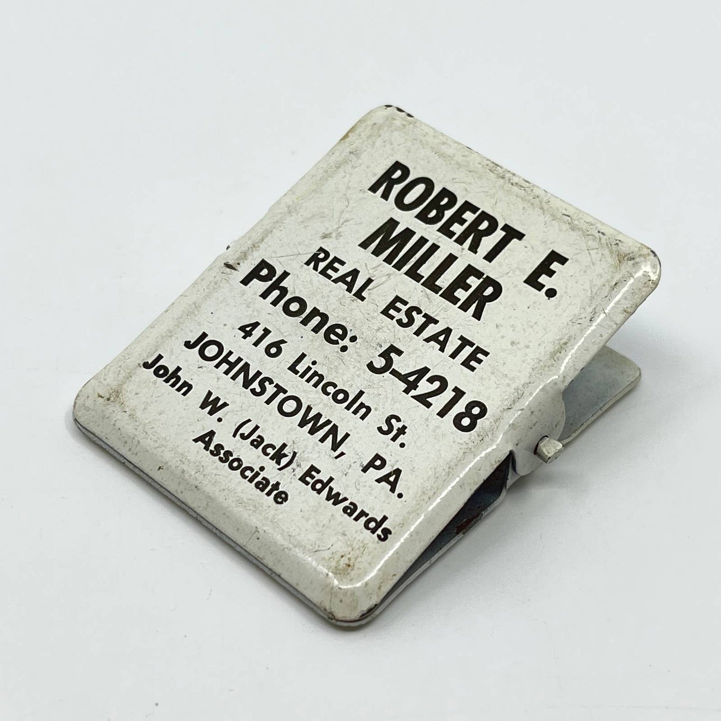 1940s Advertising Metal Wall Clip Robert E. Miller Real Estate Johnstown PA SC3