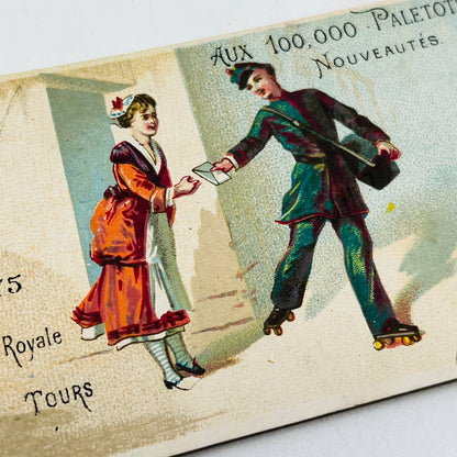 Victorian 1800s French Trade Card Rollerskating Mailman Rue Royale Tours AA2