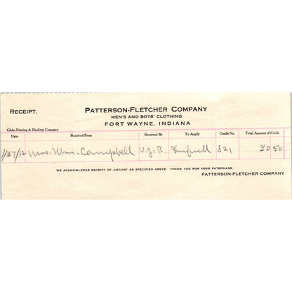 1912 Patterson-Fletcher Co Men's Clothing Letterhead Billhead Fort Wayne IN AD8